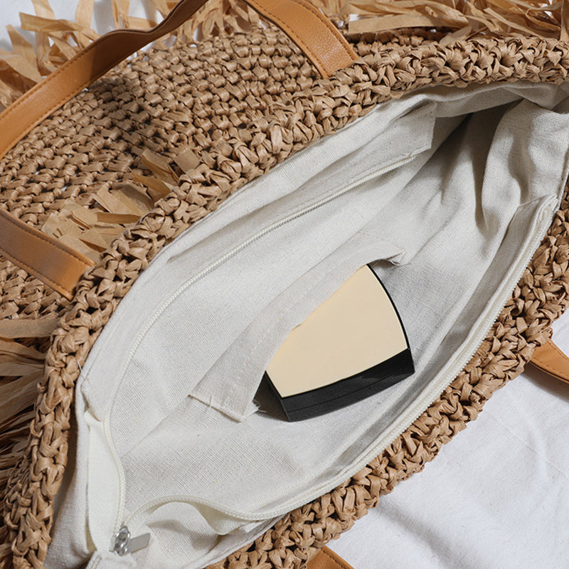 Simple Tassel Straw Shoulder Bag Women Design Handbag Bohemian Round Woven Large Capacity Tote Summer Beach Travel Shopper Purse