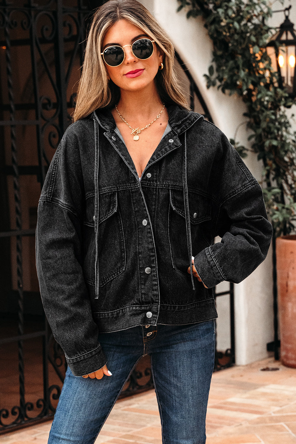 Sage Pocket Drop Shoulder Hooded Denim Jacket