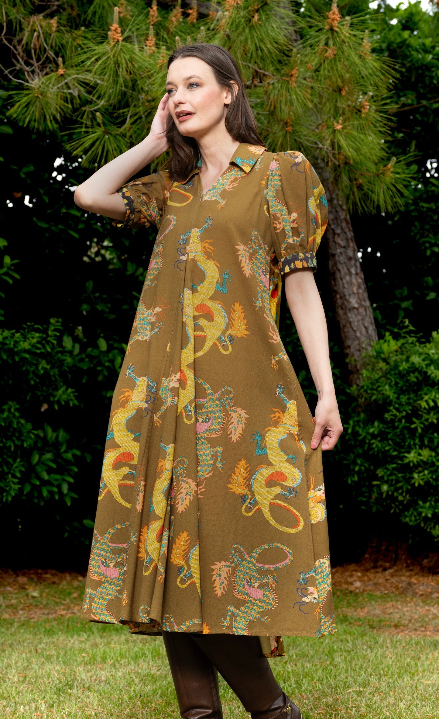 Montauk Dress Olive Dragon Print