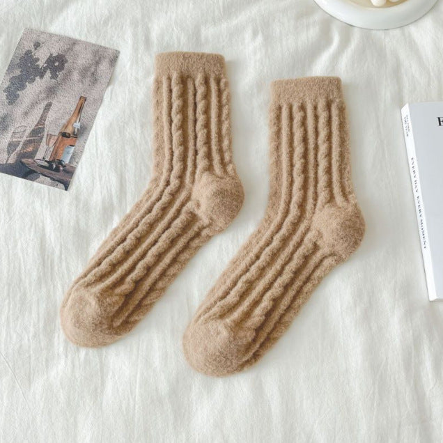 Thick Solid-color Mid-calf Cotton Socks For Women