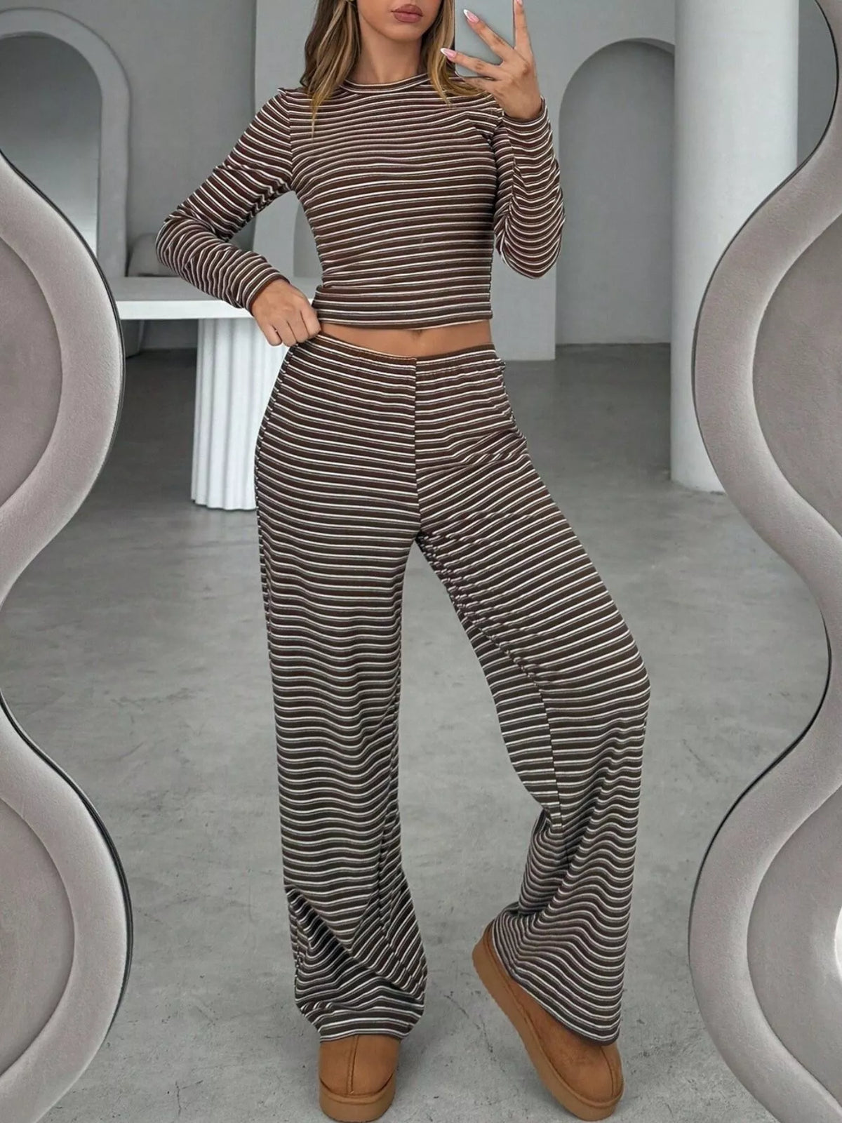 Striped Long Sleeve Crop Top and Wide Leg Pants Two-Piece Set