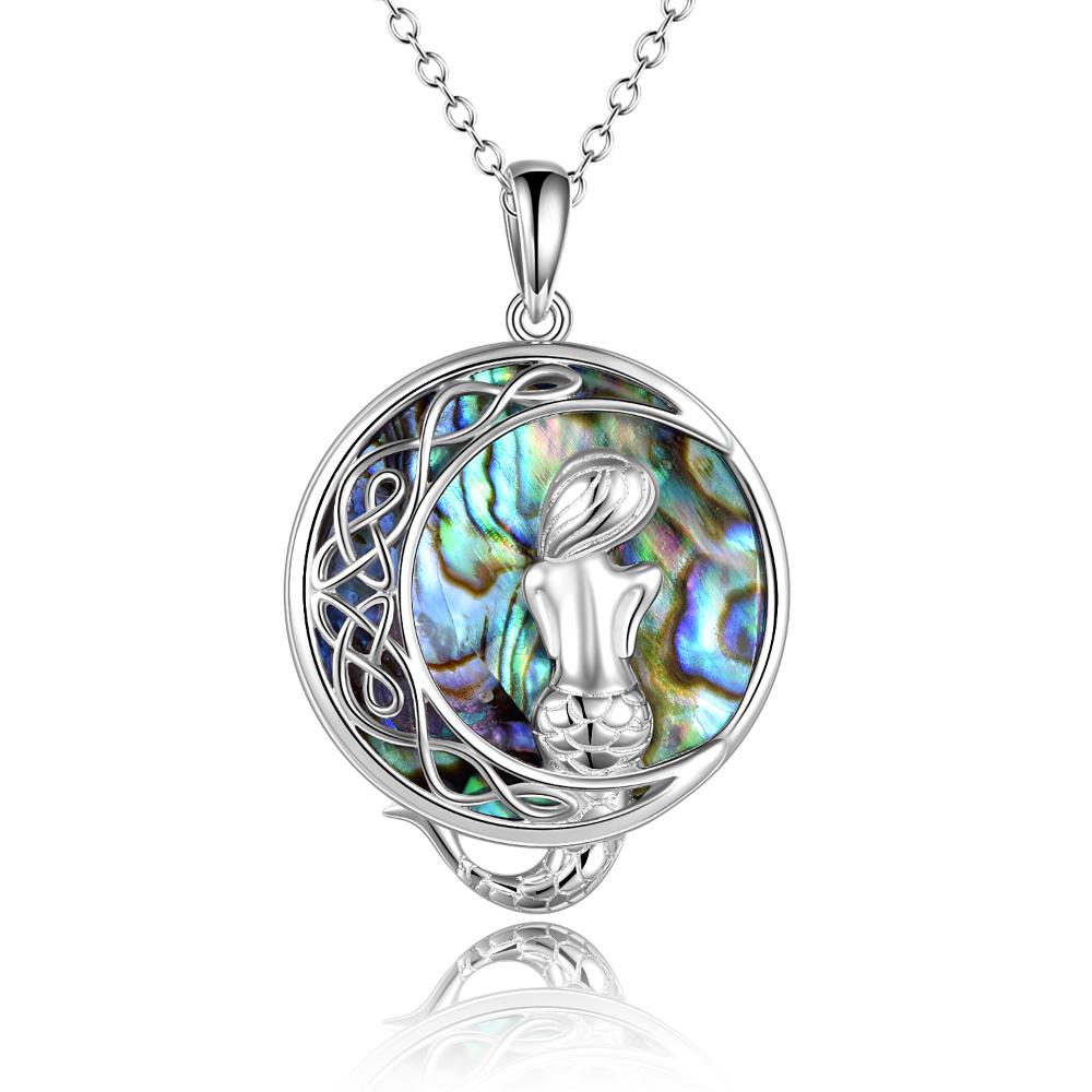 Sterling Silver Classic Sea Mermaid Crescent Moon Necklace with Abalone Shell