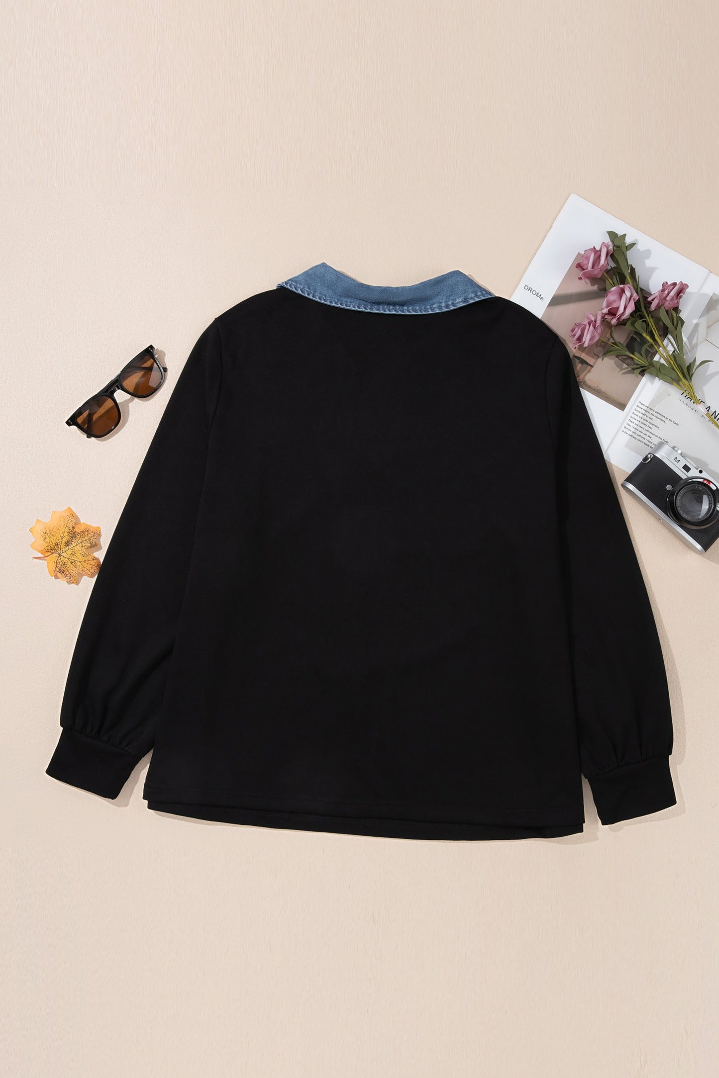 Plus Size Denim Collared V-Neck Long Sleeve Knit Blouse