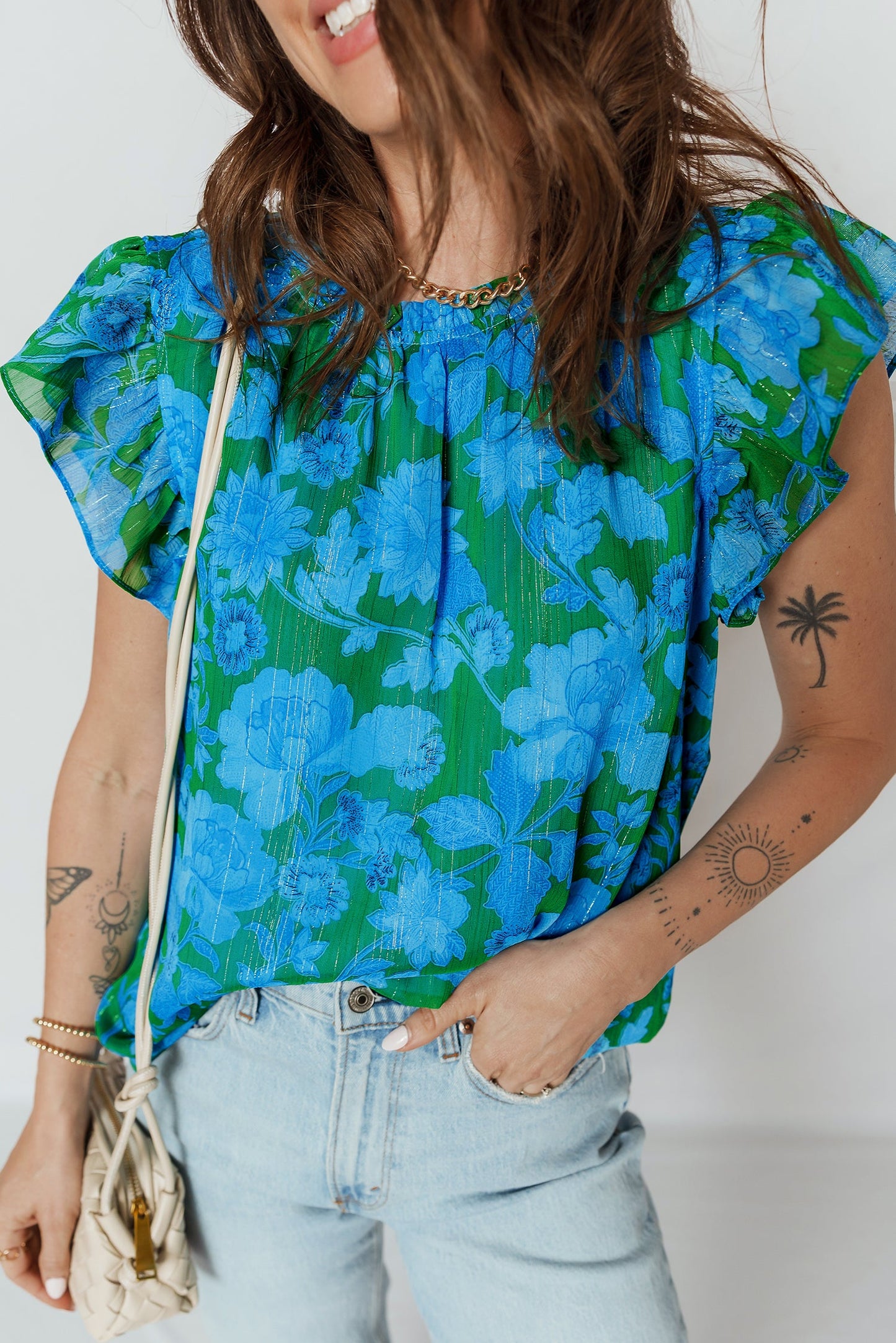 Floral Ruffle Sleeve Keyhole Back Blouse