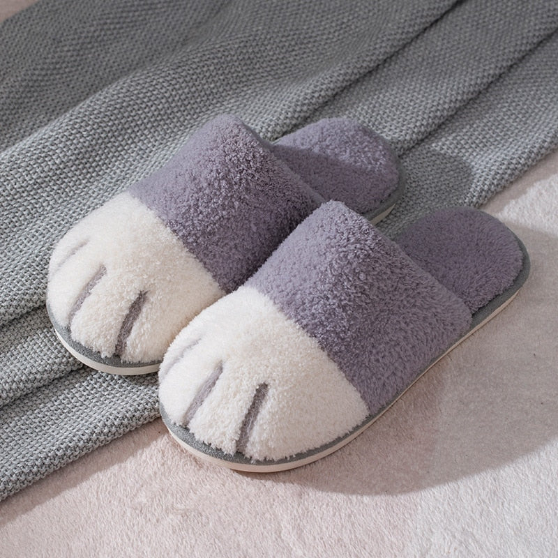 Winter House Warm Fur Slipers For Women Cute Cat paw Designer Bedroom Warm Plush Shoes Non-slip Indoor Women Furry Slippers