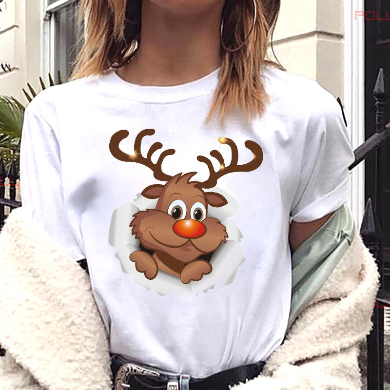 European And American Women's Clothing Merry Christmas Happy Short-sleeved T-shirt Women's Top Women's Round Neck
