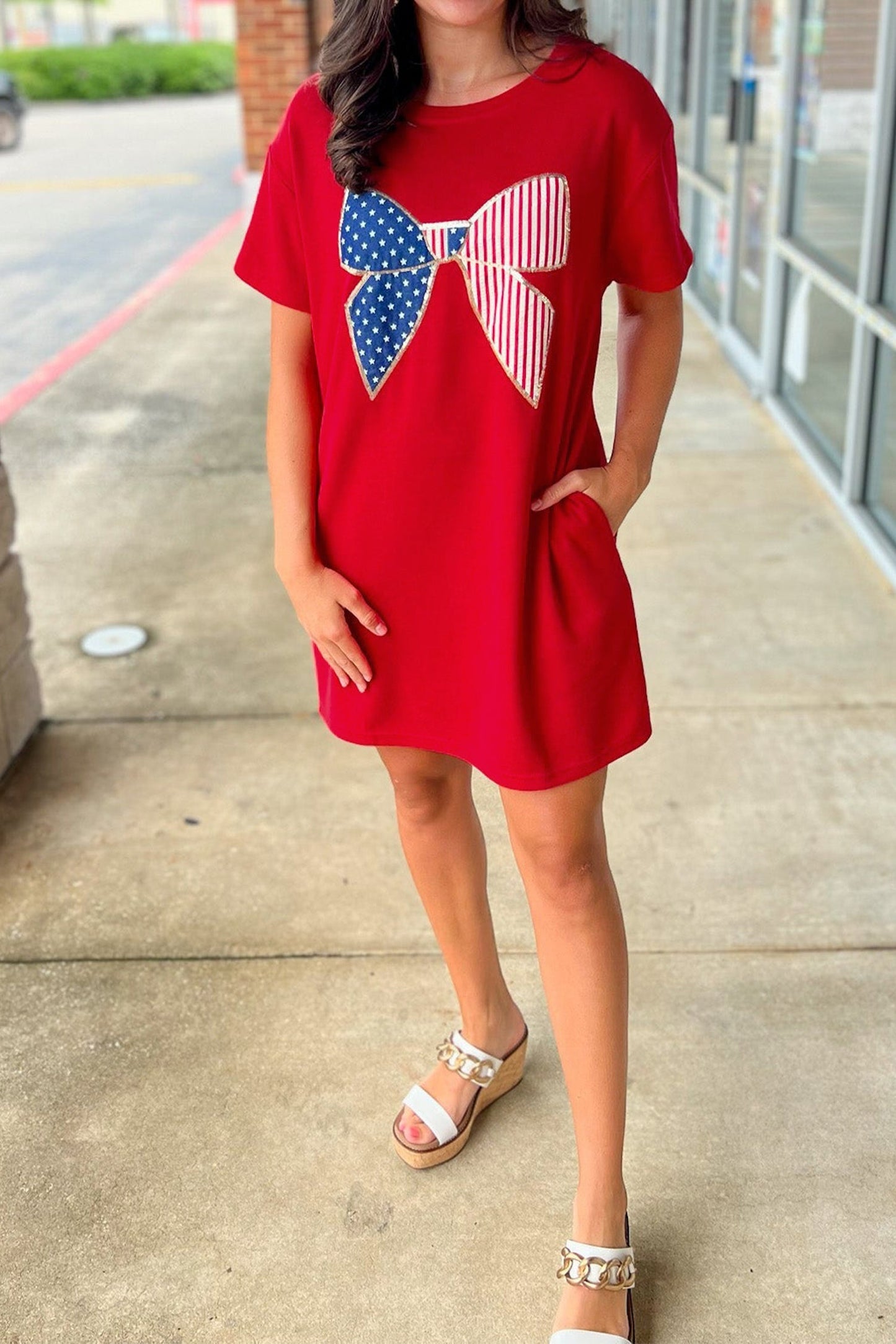 Stars & Stripes Bow Sequin Trim Mini Dress