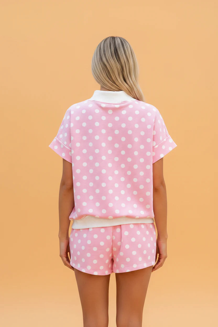 Polka Dot Colorblock Mock Neck & Shorts Set