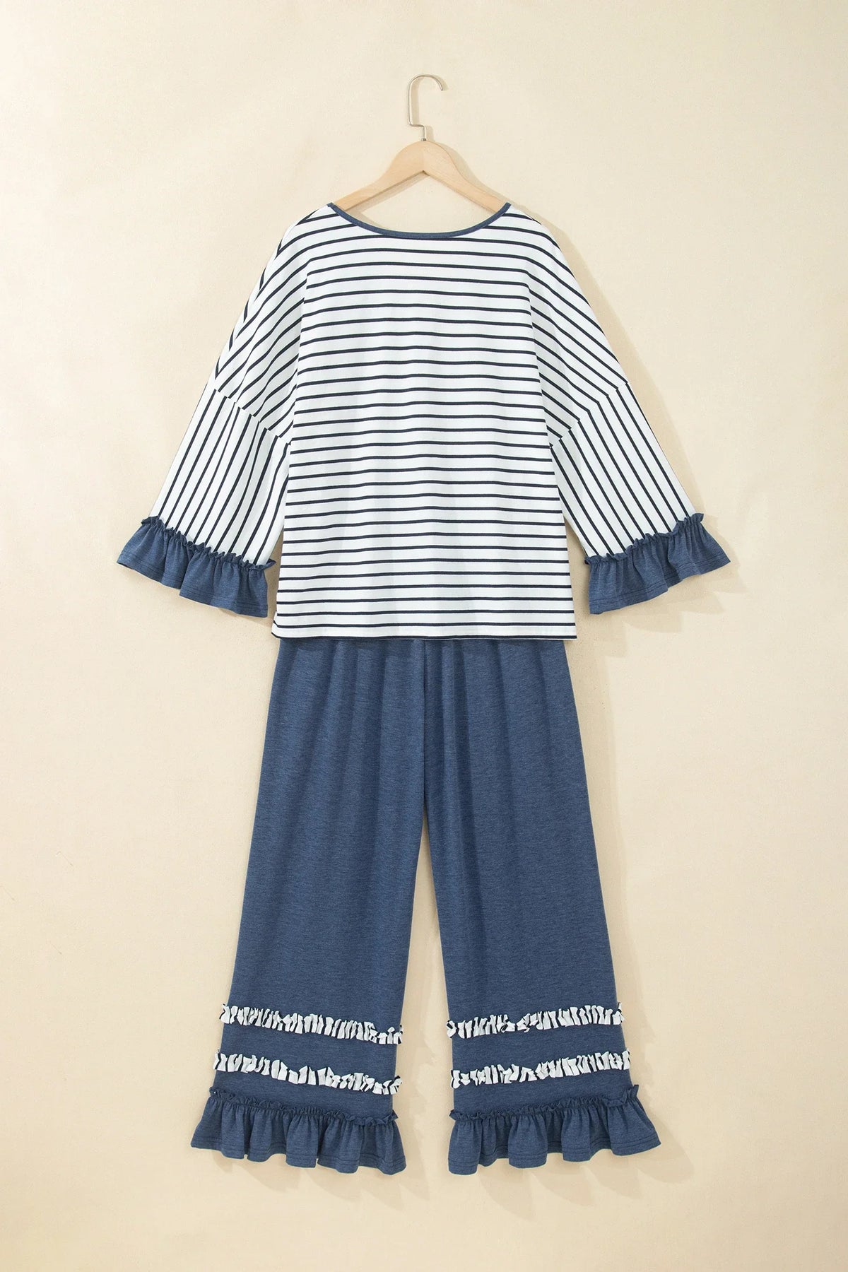 Stripe Ruffle Patchwork V-Neck Top & Pants Set