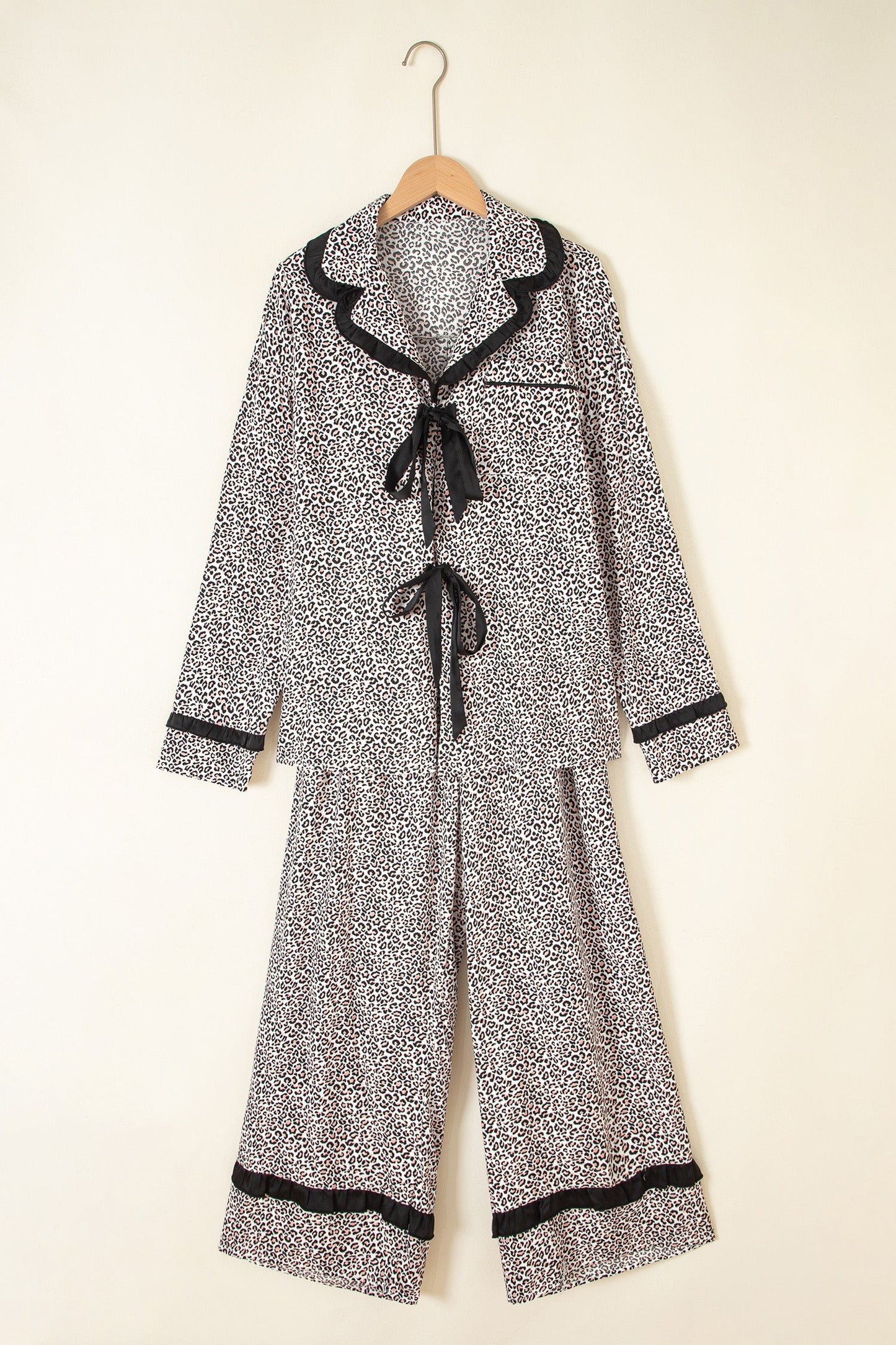 Leopard Bow Long Sleeve Top & Pants Pajama Set
