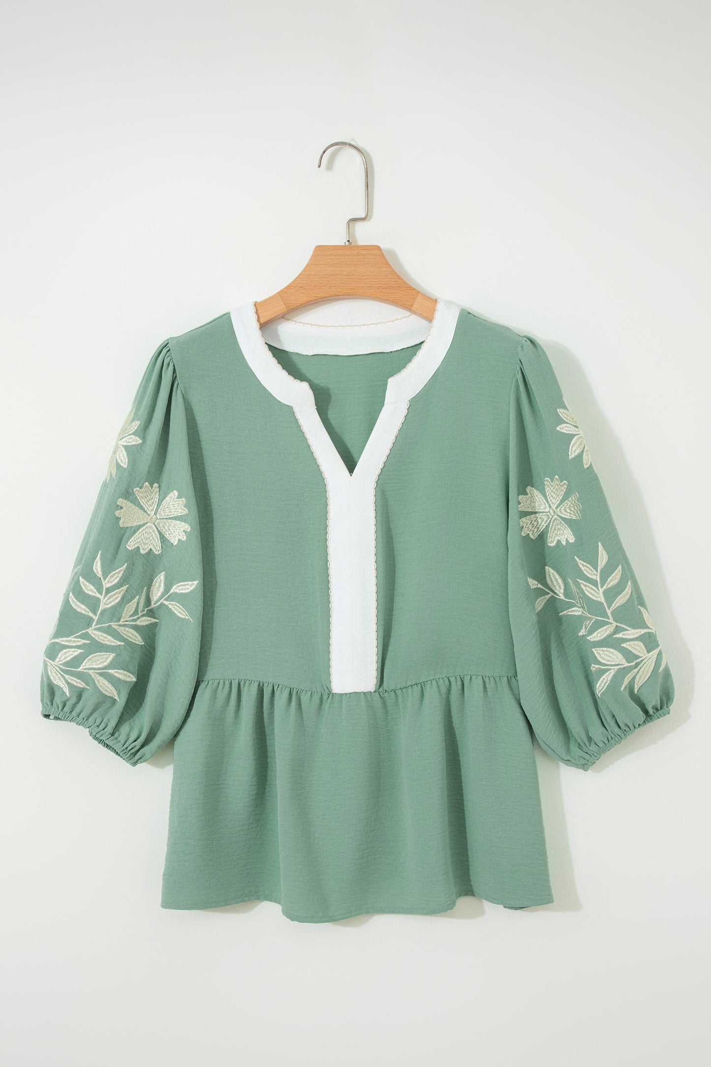 Colorblock Patchwork Embroidered Puff Sleeve Babydoll Blouse