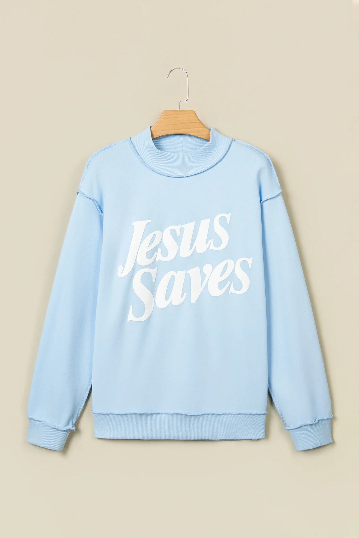 Jesus Saves Graphic Print Mock Neck Sweatshirt