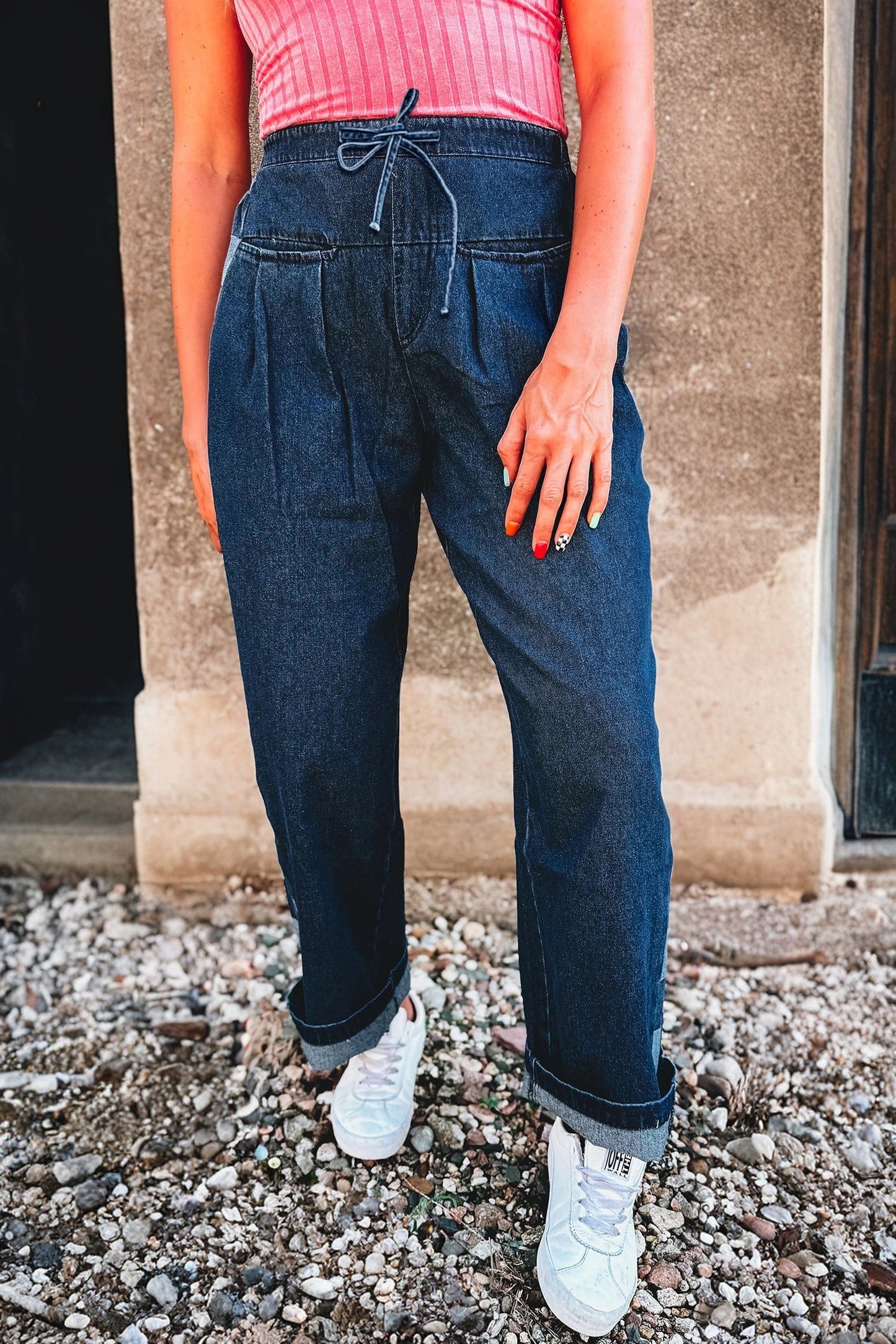 Denim Checker Side Panel Patchwork Drawstring Pants