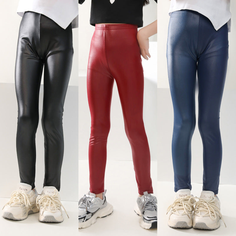 Thin Childrens Slim-fit Faux Leather Pants