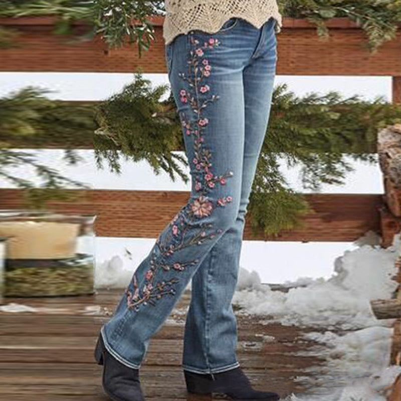 Embroidered retro style embroidered straight-leg jeans