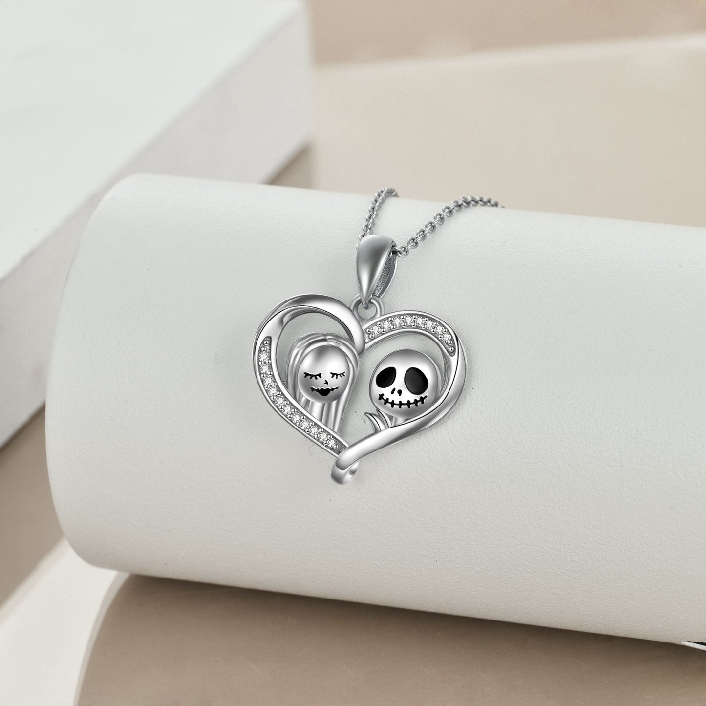 Nightmare Before Christmas Necklace Sterling Silver Jack Skellington and Sally Infinity Heart Necklace
