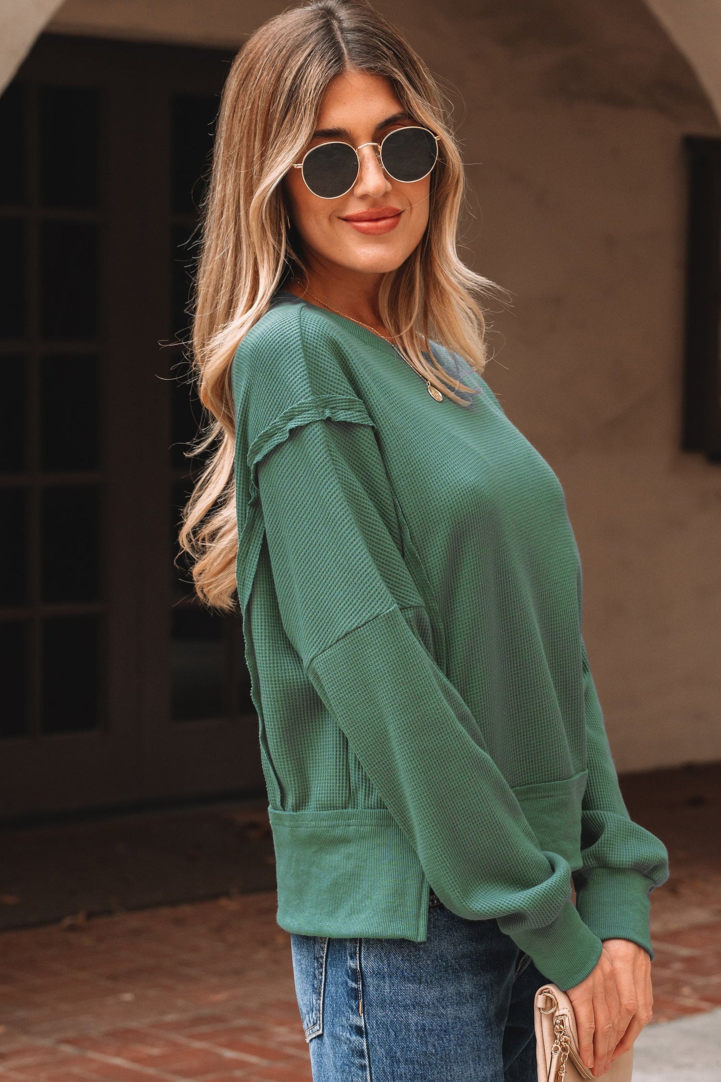 Solid Ribbed Raw Seam Patchwork Drop Shoulder Sweatshirt