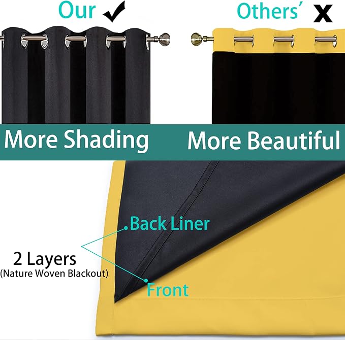 Yakamok Mustard Yellow Blackout Curtains Panels 84 Inches Long, 2 Thick Layers