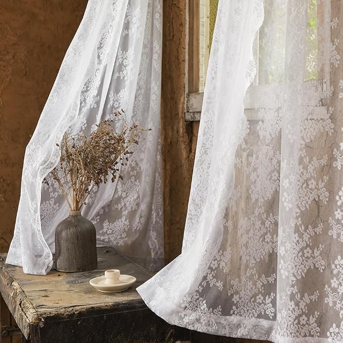 YJ YANJUN Vintage Lace Curtains 90 Inches Long- Elegant Floral White Sheer