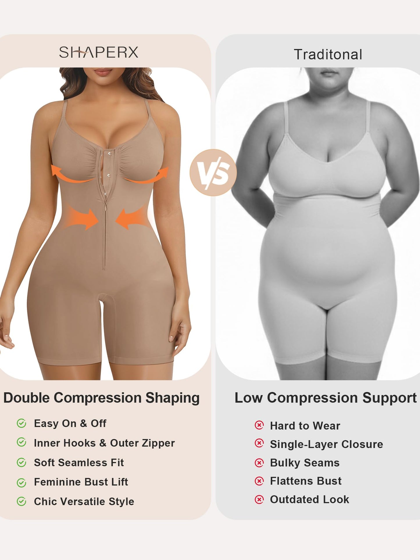 SHAPERX Women's Shapewear Bodysuit Tummy Control Seamless Zip-Up Body Shaper Waist Defining Silhouette