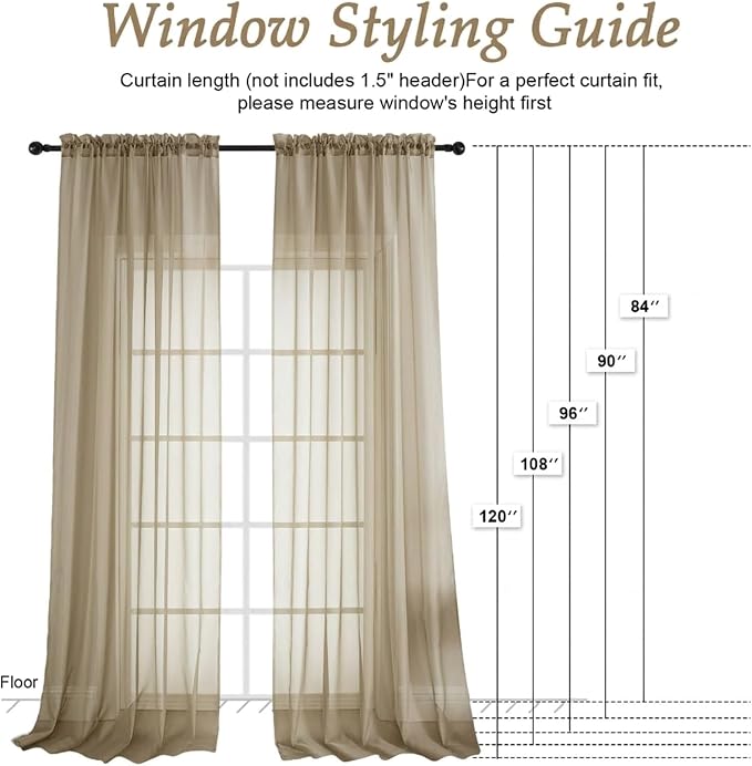 Sheer Taupe Curtains 108 Inches Long 2 Panels Set, 59 Inch Extra Wide