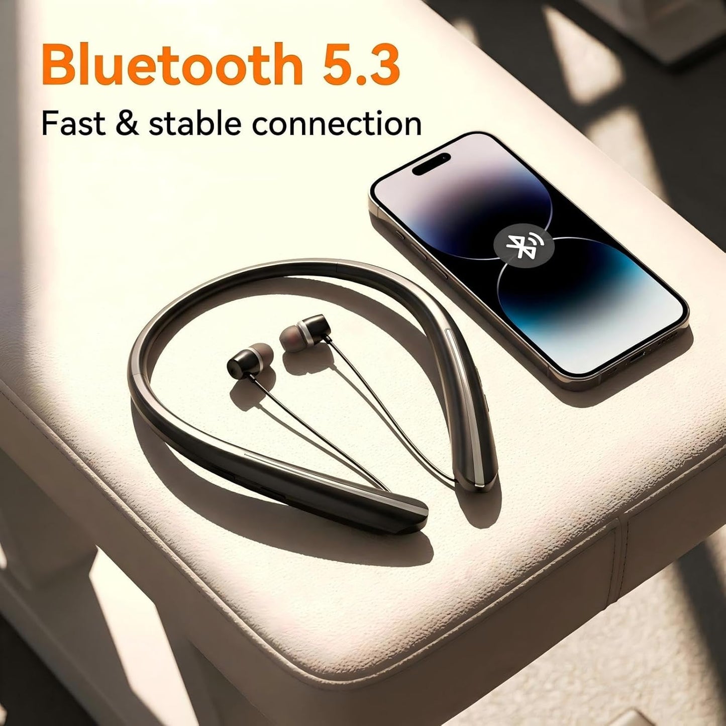 Bluetooth 5.3 Neckband Bluetooth Headphone, Sweat Resistant Noise Cancelling Stereo Headphones, and Retractable Ear Tips for Music, Conference, Videos (Black)