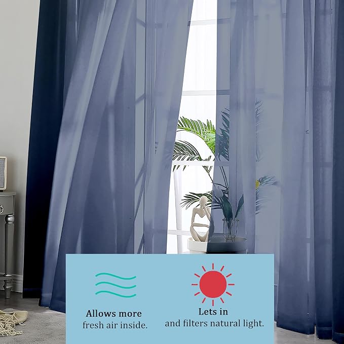 Blue Sheer Curtains, Sheer Curtains 84 inch Length 2 Panels Set, Rod Pocket
