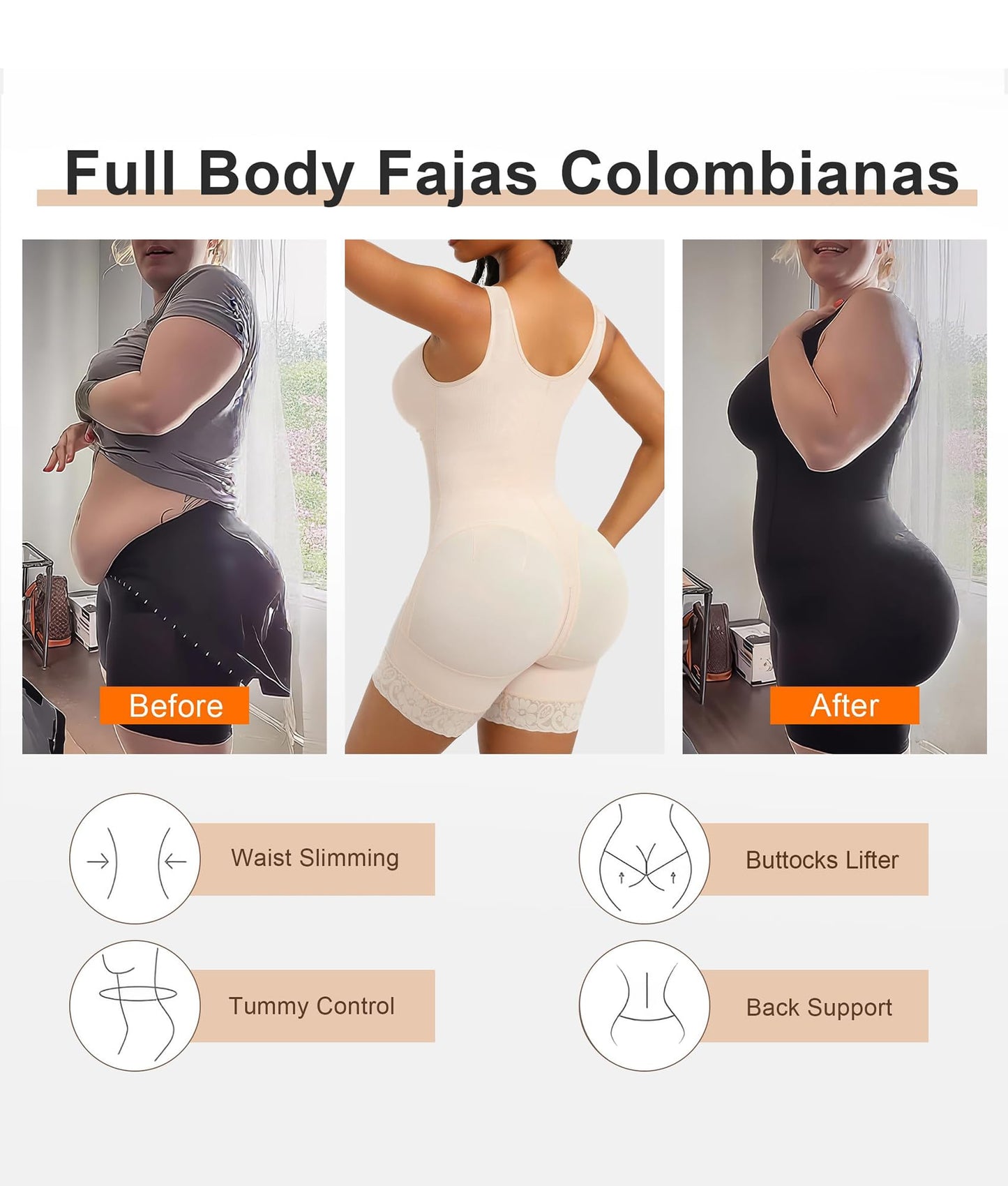 SHAPERX Women's Fajas Colombianas Tummy Control Shapewear Postpartum Full Body Shaper Butt Lifter Bodysuit