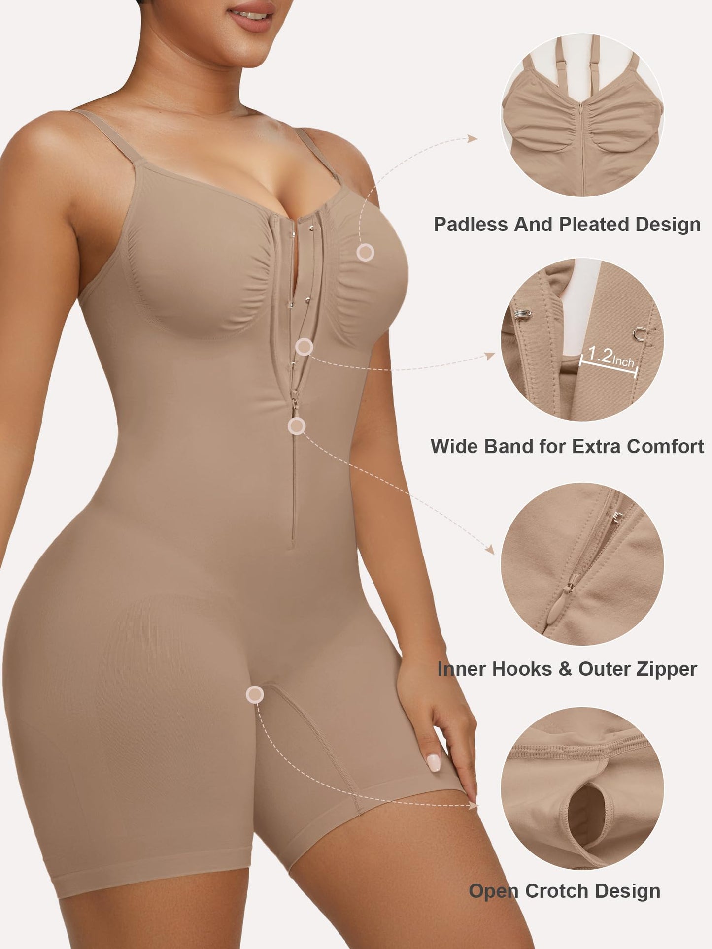 SHAPERX Women's Shapewear Bodysuit Tummy Control Seamless Zip-Up Body Shaper Waist Defining Silhouette