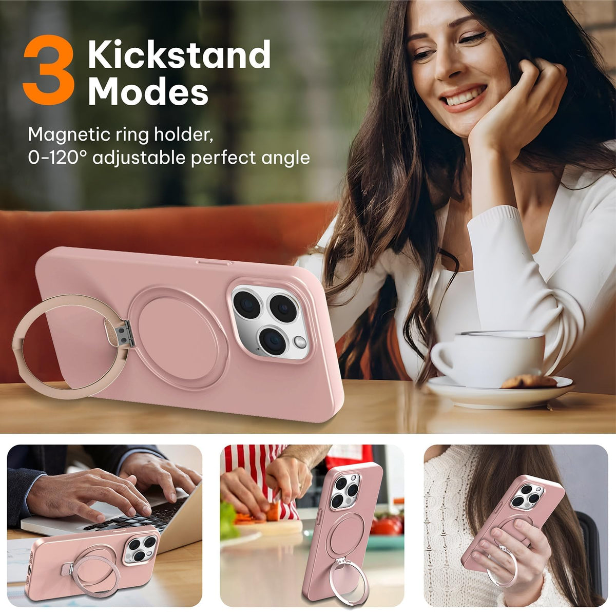 [Like New] LOHASIC MagSafe Silicone Case with Ring Stand for iPhone 15 Pro Max, Pink