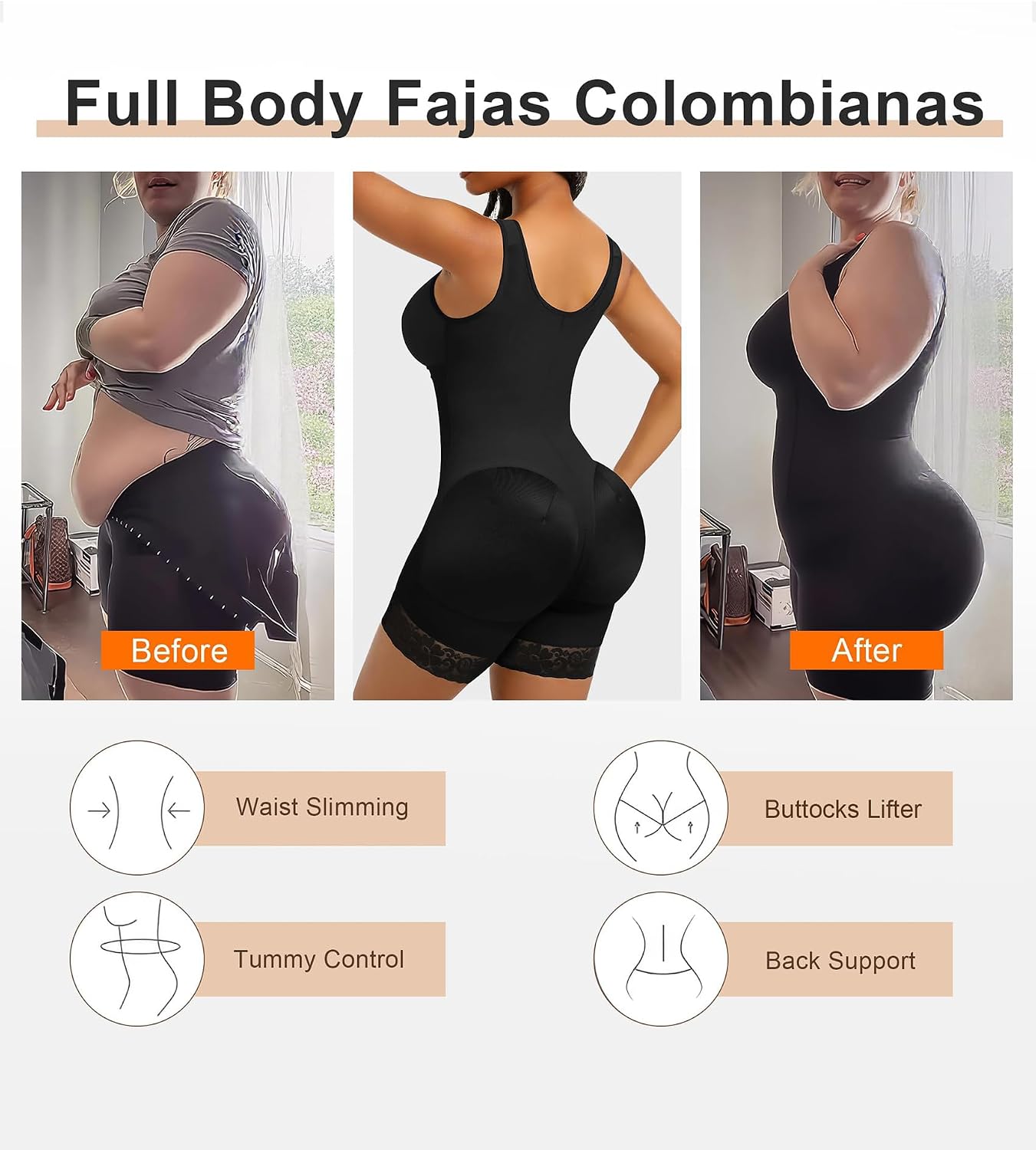SHAPERX Women's Fajas Colombianas Tummy Control Shapewear Postpartum Full Body Shaper Butt Lifter Bodysuit