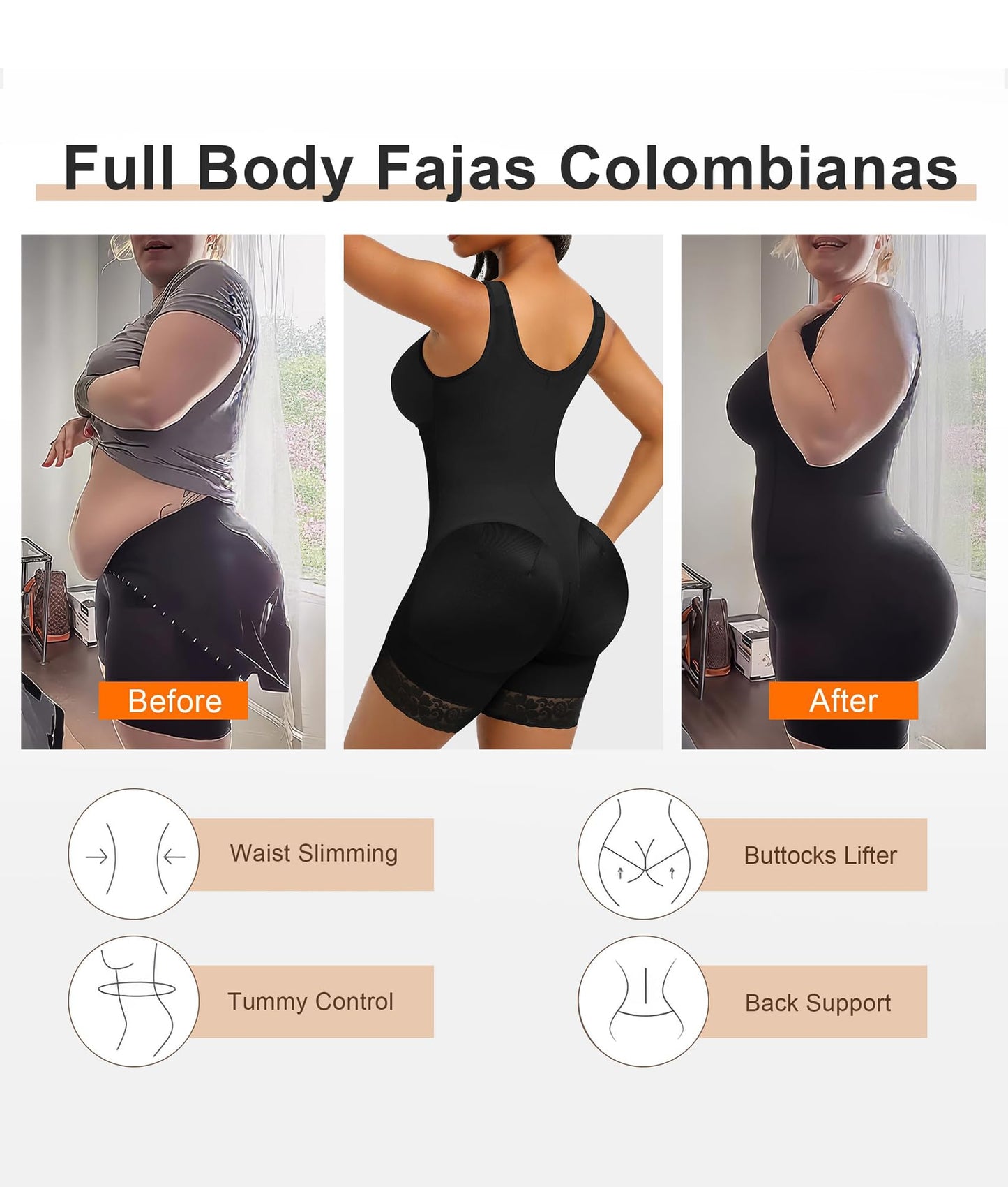 SHAPERX Women's Fajas Colombianas Tummy Control Shapewear Postpartum Full Body Shaper Butt Lifter Bodysuit