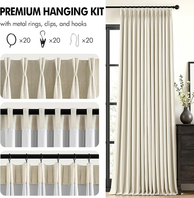 MIULEE Cream Pinch Pleated 100% Blackout Linen Curtains 40x108 Inches | Room