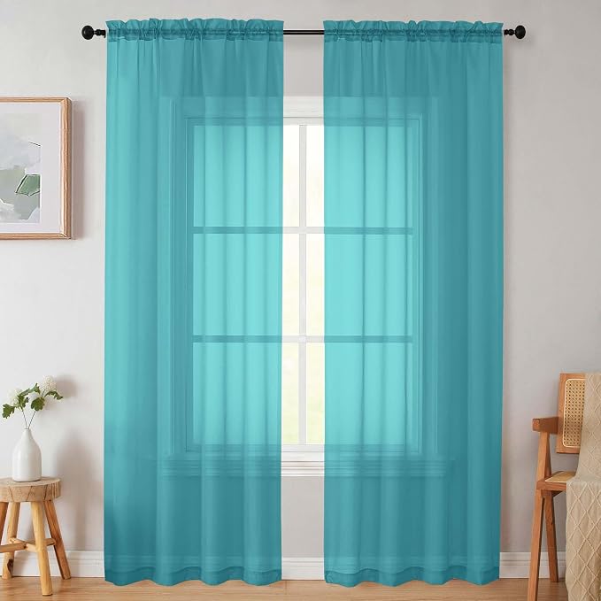 Turquoise Sheer Curtains for Bedroom Living Room 90 Inches Long 2 Panels Set