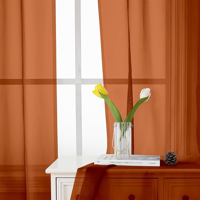 Orange Sheer Curtains 84 Inches Long 2 Panels Set, Rod Pocket Transparent