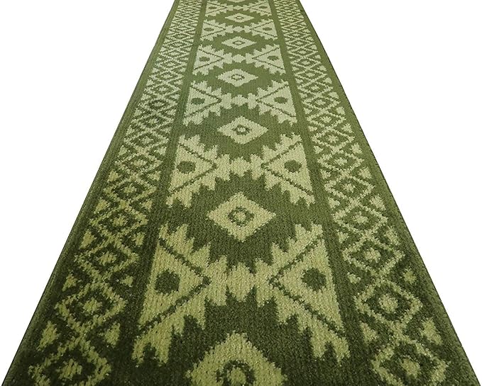 Custom Length Hallway Runner Rug, Slip Resistant, Southwestern Green, 26 Inch X