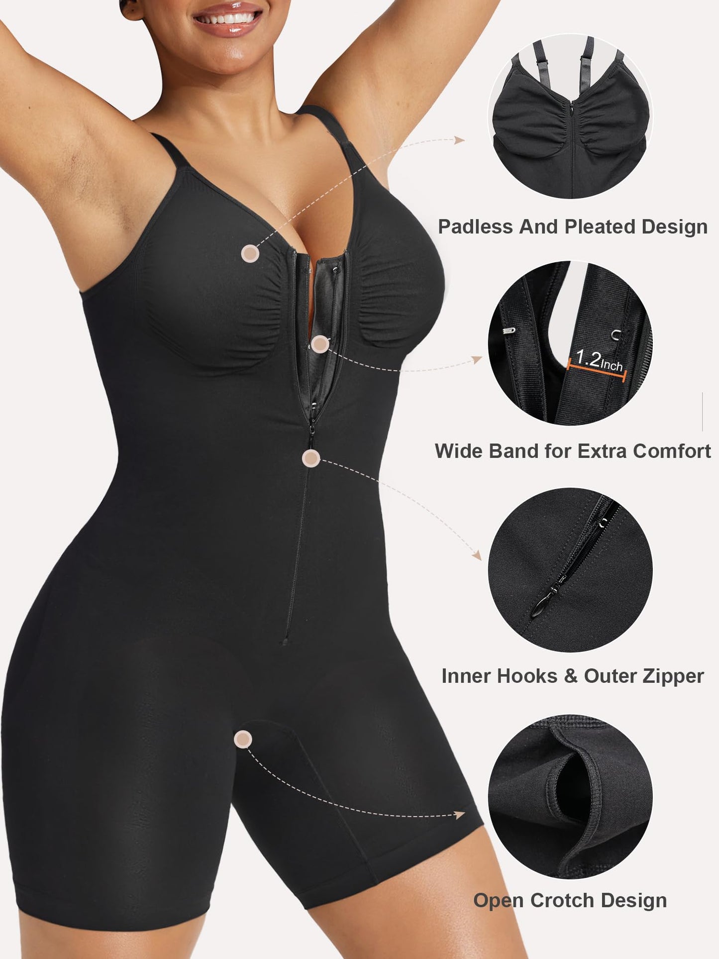 SHAPERX Women's Shapewear Bodysuit Tummy Control Seamless Zip-Up Body Shaper Waist Defining Silhouette