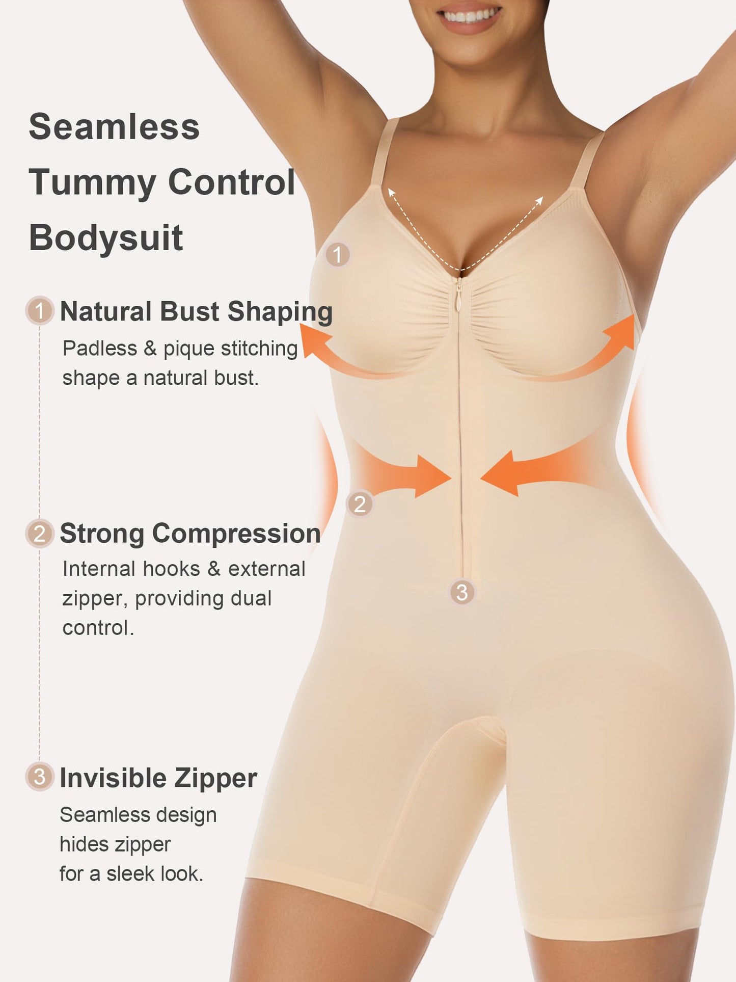 SHAPERX Women's Shapewear Bodysuit Tummy Control Seamless Zip-Up Body Shaper Waist Defining Silhouette