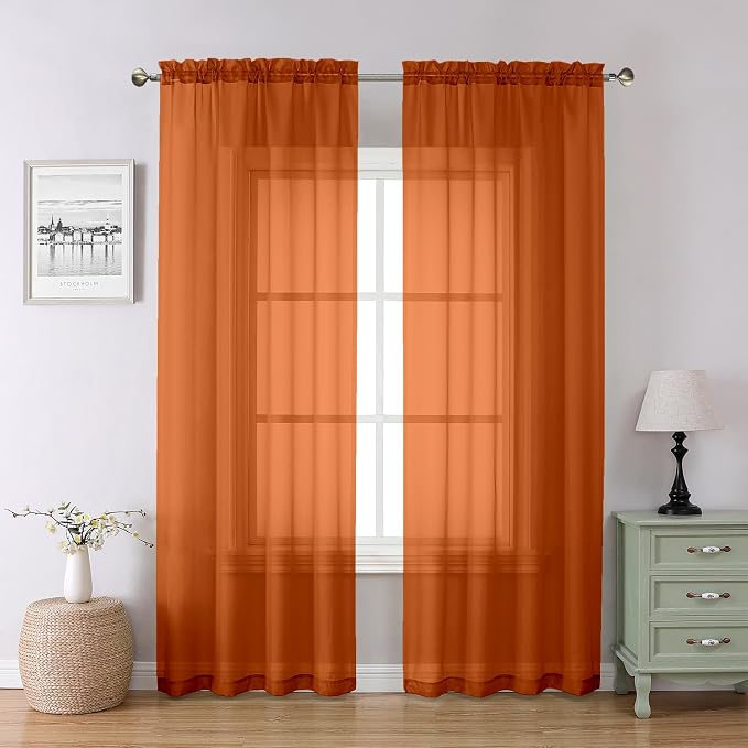 Orange Sheer Curtains 84 Inches Long 2 Panels Set, Rod Pocket Transparent