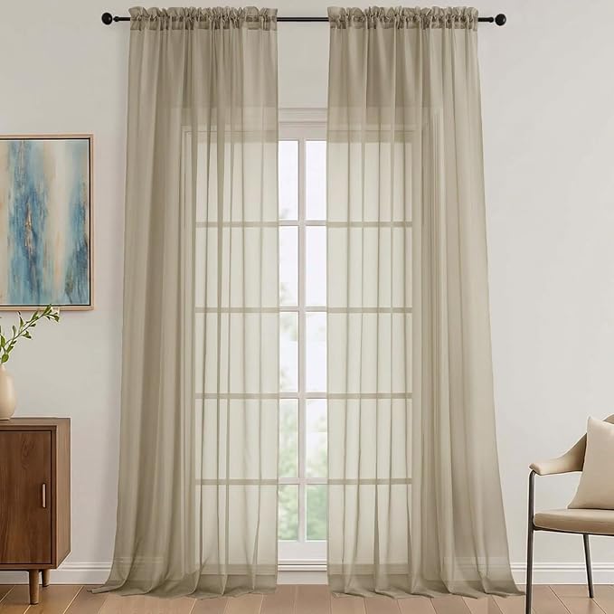 Sheer Taupe Curtains 108 Inches Long 2 Panels Set, 59 Inch Extra Wide