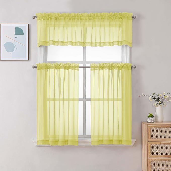 Chyhomenyc Sheer Lemon Tier Curtains 24 Inch Length Set, Small Window Kitchen