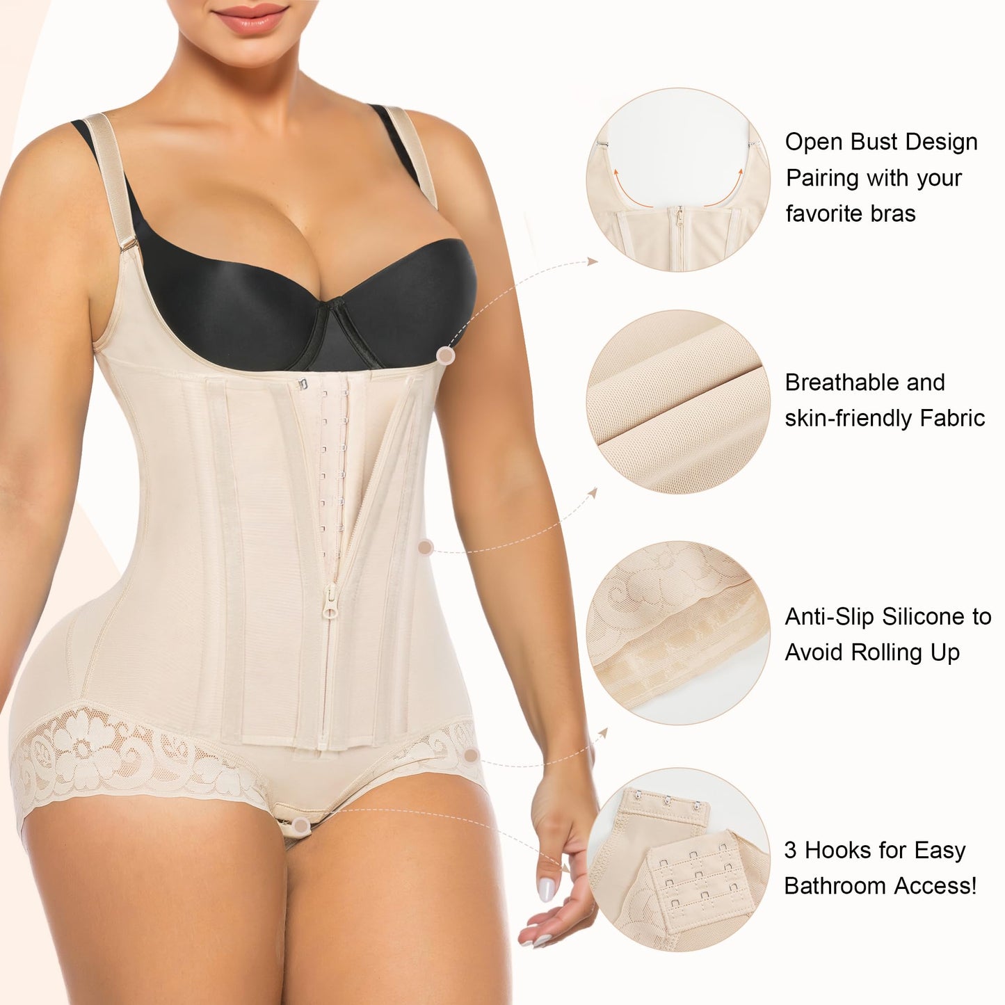 SHAPERX Women's Fajas Colombianas Tummy Control Shapewear Body Shaper with Steel Boned Support