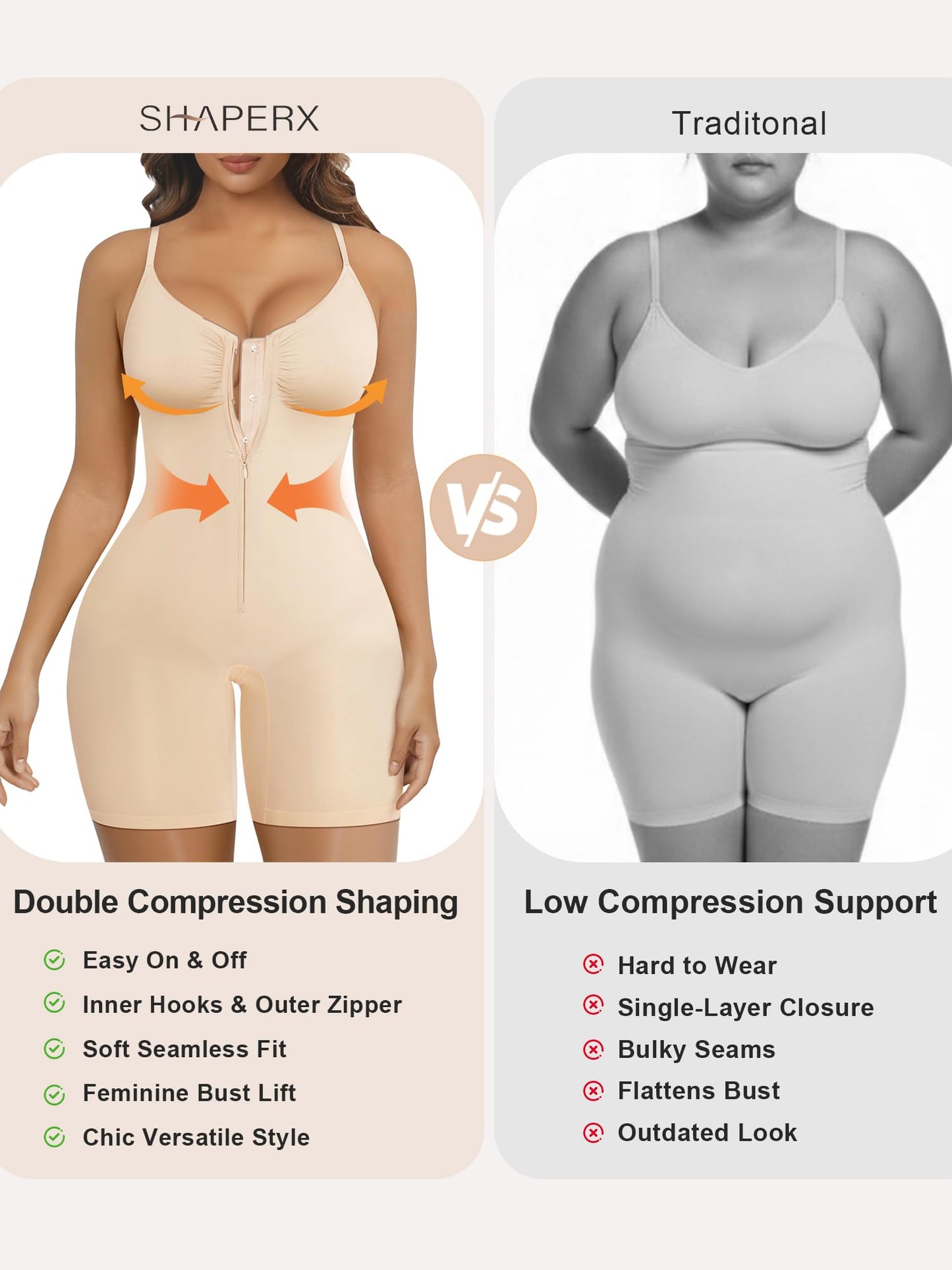 SHAPERX Women's Shapewear Bodysuit Tummy Control Seamless Zip-Up Body Shaper Waist Defining Silhouette