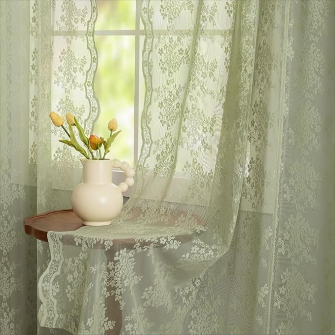 YJ YANJUN Vintage Lace Curtains 120 Inch Length-Victorian Floral Pattern Sage