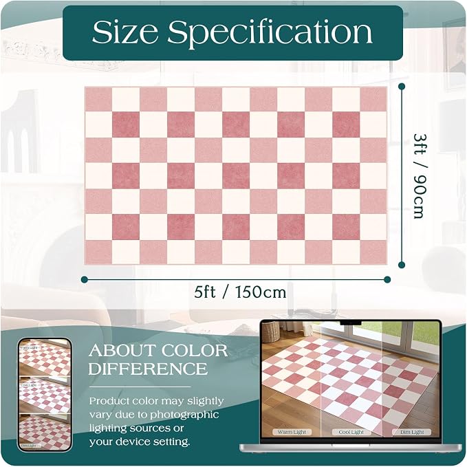 Pink White Checkered Entry Rug
