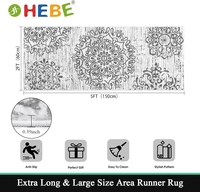 HEBE Hallway Runner Rug 2'x5', Washable Non Slip Kitchen Rug Runner | Soft Boho