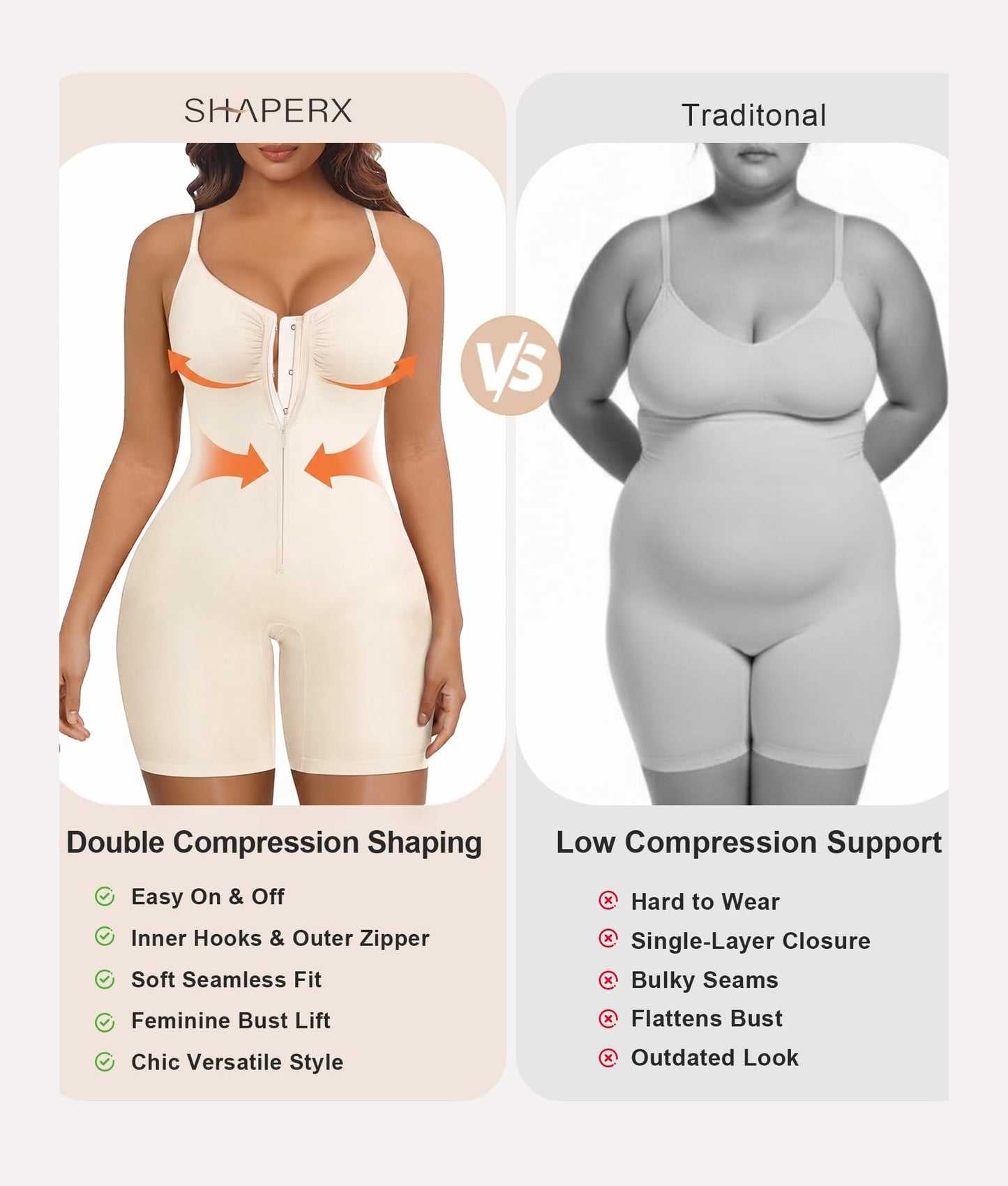 SHAPERX Women's Shapewear Bodysuit Tummy Control Seamless Zip-Up Body Shaper Waist Defining Silhouette