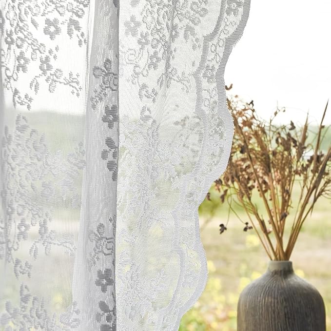 YJ YANJUN Vintage Lace Curtains 90 Inches Long- Elegant Floral White Sheer