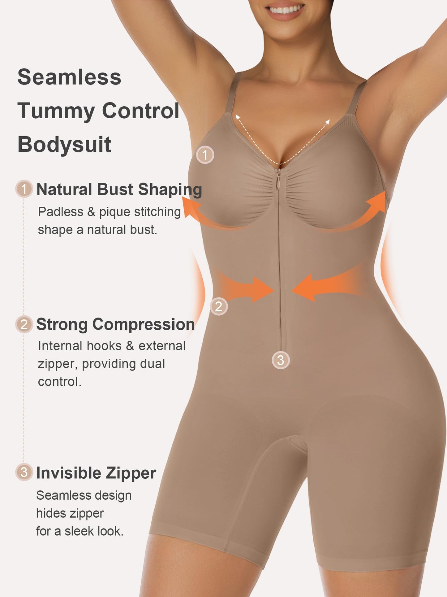 SHAPERX Women's Shapewear Bodysuit Tummy Control Seamless Zip-Up Body Shaper Waist Defining Silhouette