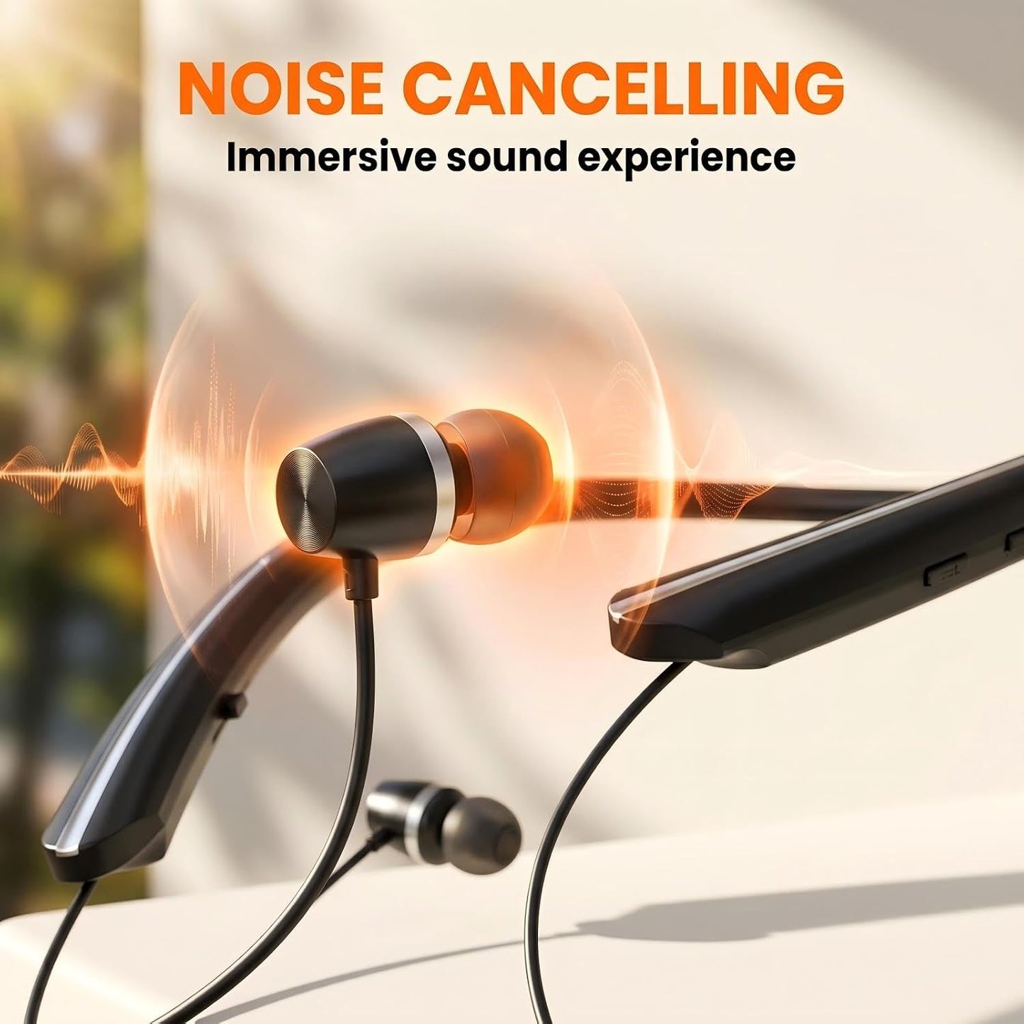 Bluetooth 5.3 Neckband Bluetooth Headphone, Sweat Resistant Noise Cancelling Stereo Headphones, and Retractable Ear Tips for Music, Conference, Videos (Black)